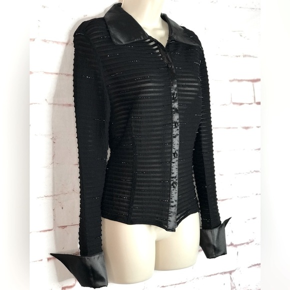 JS COLLECTIONS Evening Black Semi Sheer Satin French Cuff Beaded Blouse Size 10 - Picture 11 of 15